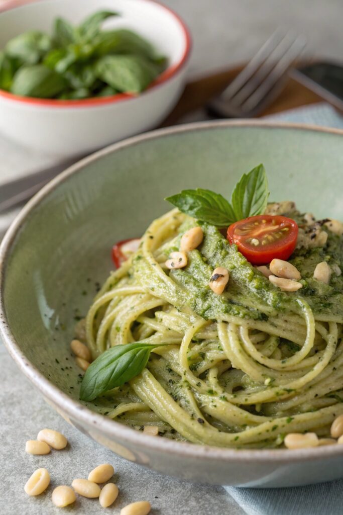 pesto flavored pasta dish