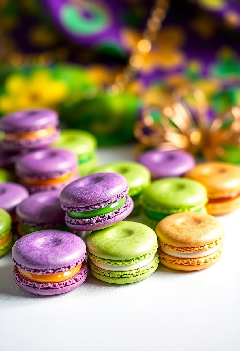 vibrant mardi gras macarons