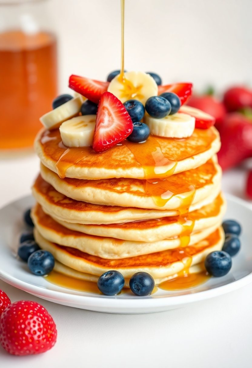 fresh fruits on pancakes