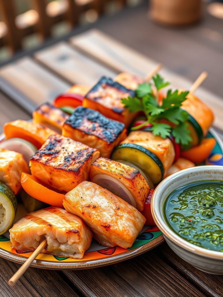grilled salmon vegetable skewers