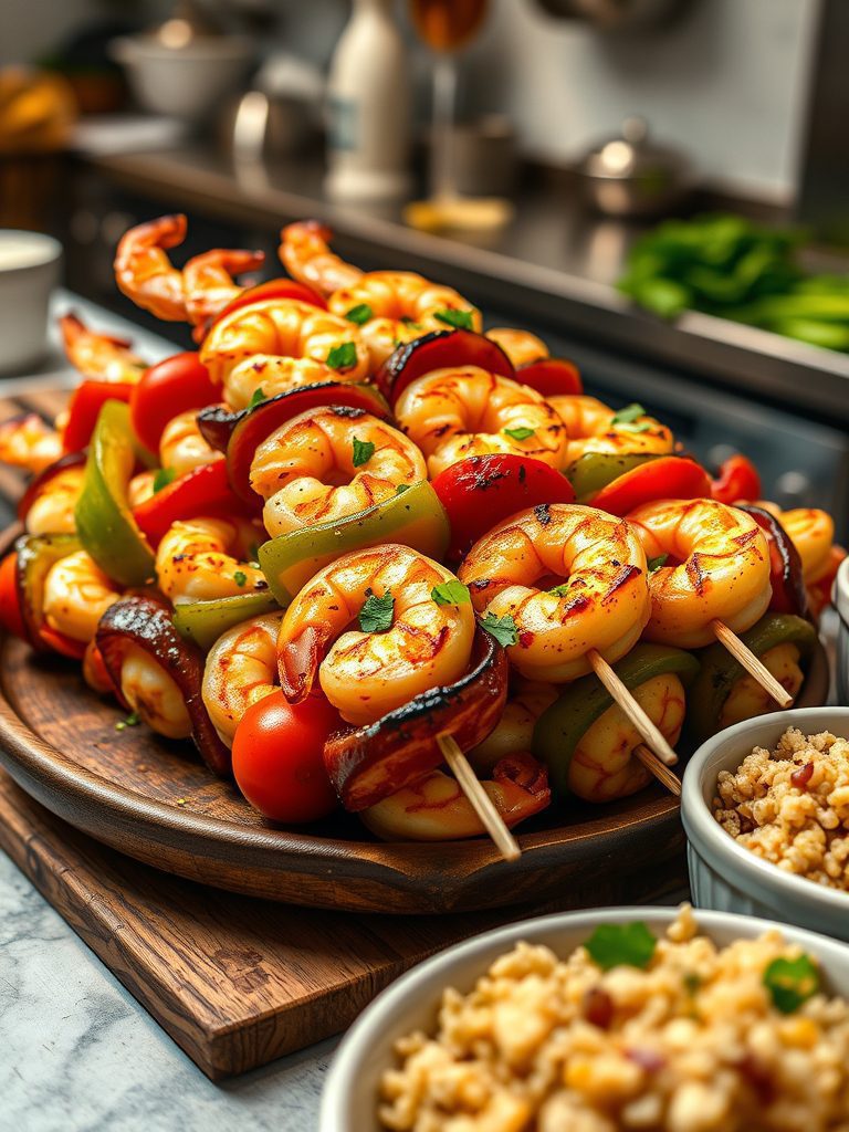 grilled seafood and vegetables