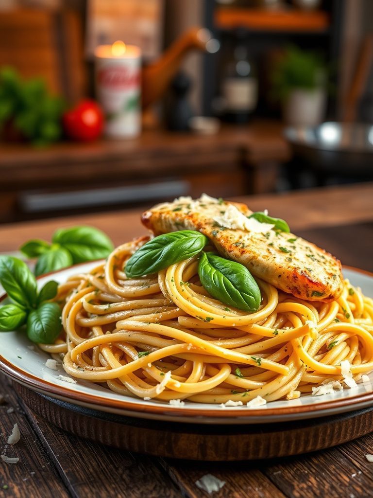 pesto flavored chicken pasta
