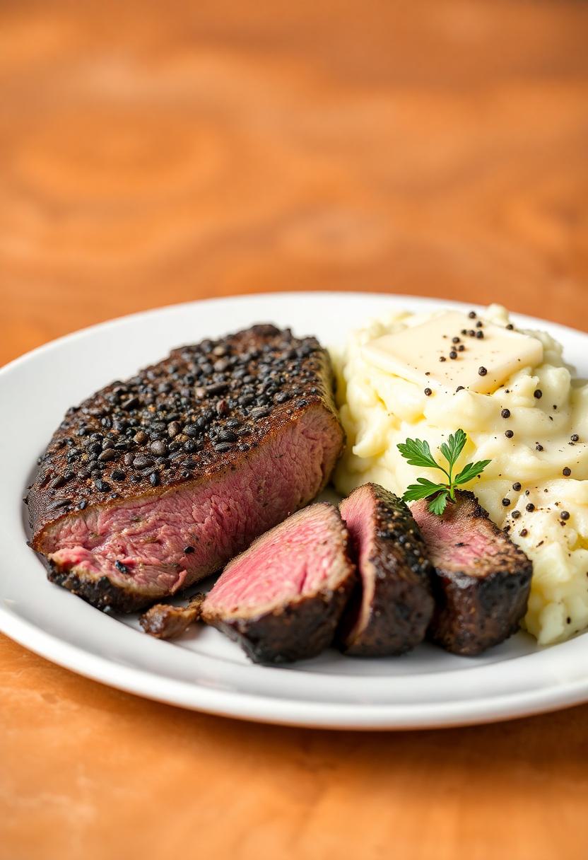 steak with creamy mashed