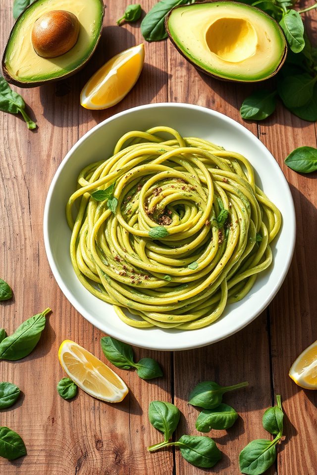 avocado spinach pasta dish