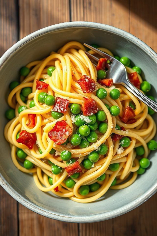 bacon pea pasta dish