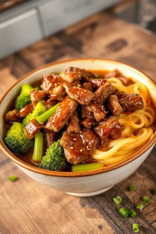 beef broccoli noodle bowl