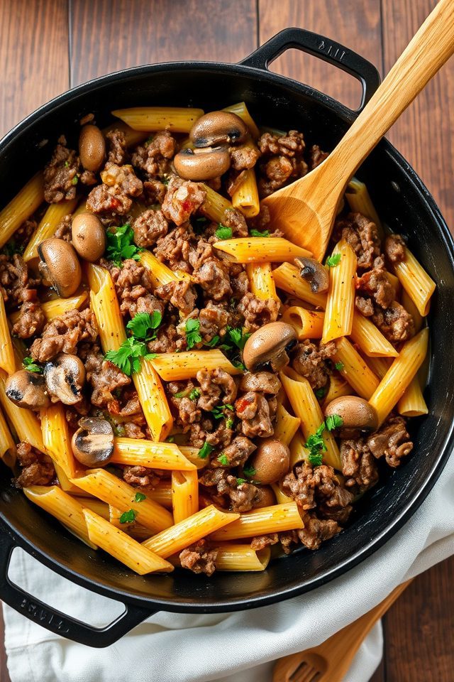 beef mushrooms pasta skillet