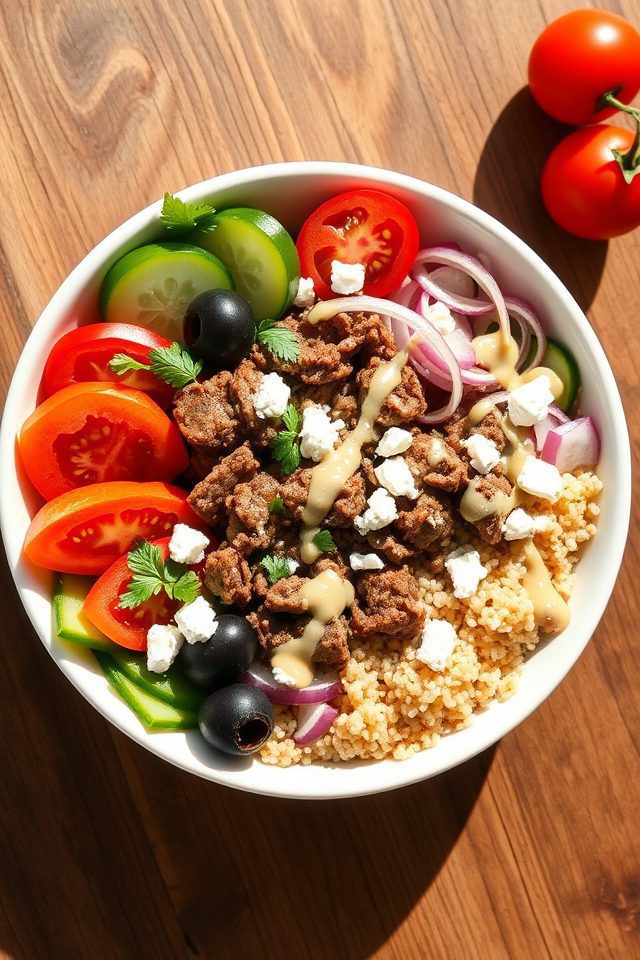 beef quinoa mediterranean bowl