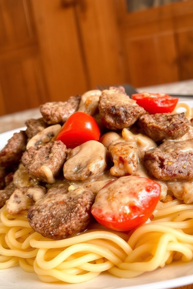 beef roasted tomato stroganoff