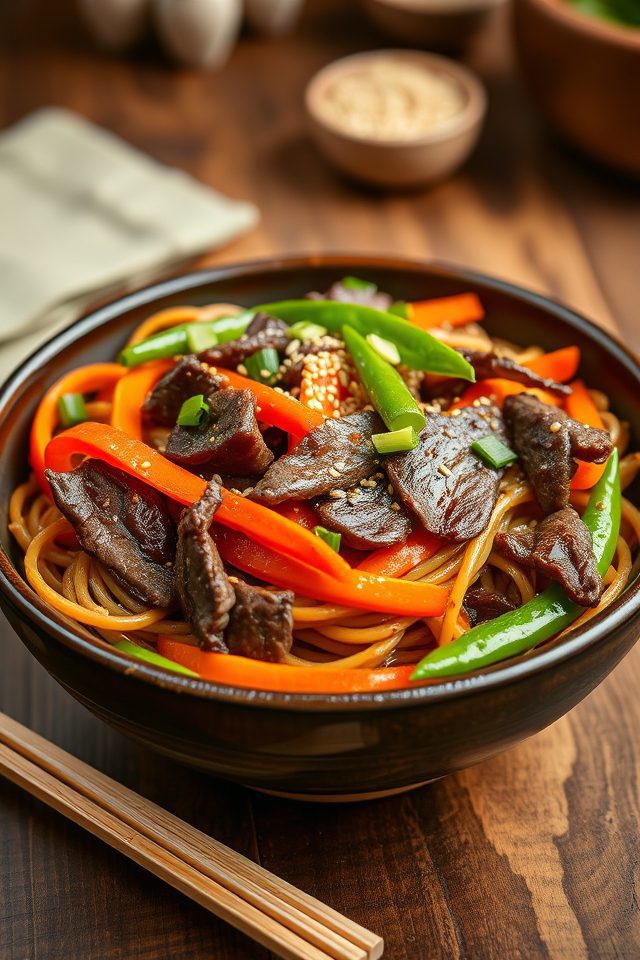 beef vegetable noodle stir fry
