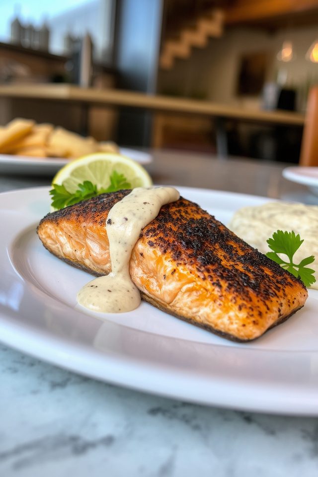 blackened salmon remoulade dish