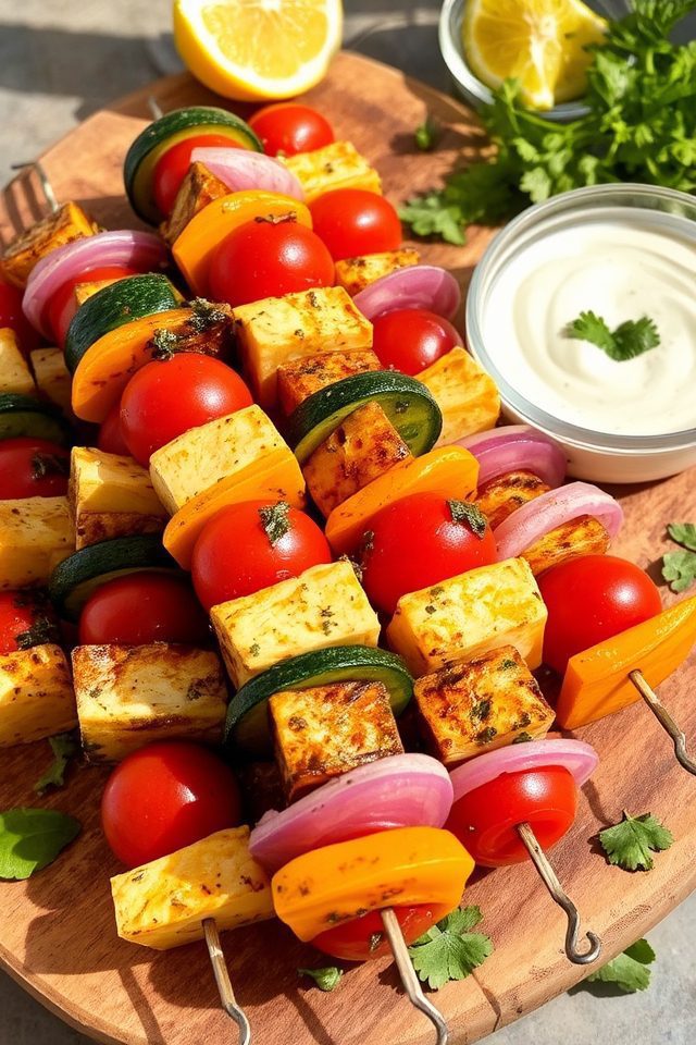 charred halloumi vegetable skewers