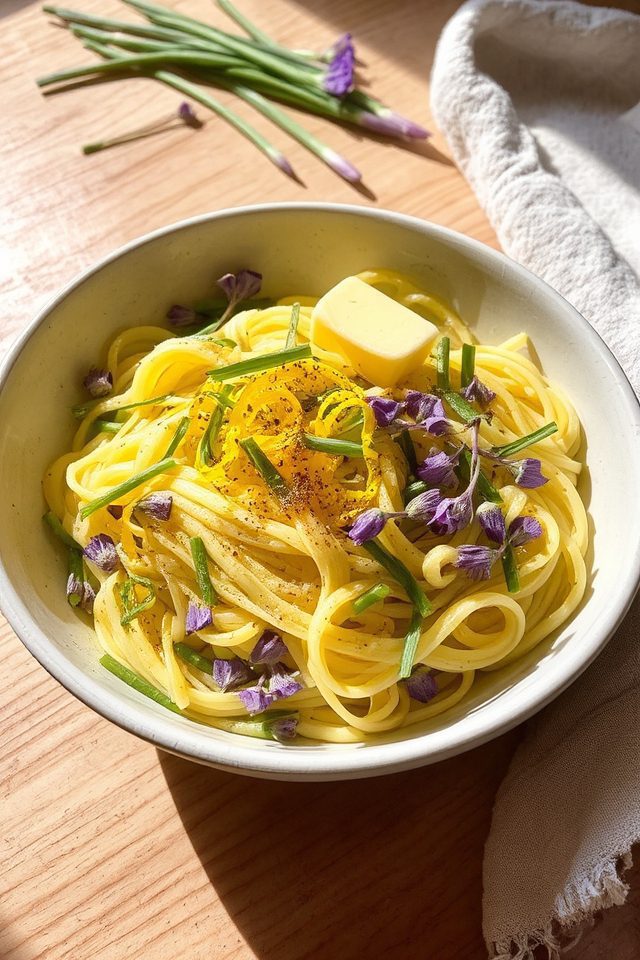chive blossom butter noodles