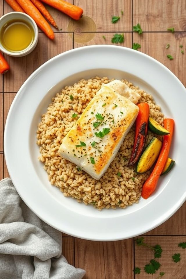 cod farro roasted vegetables