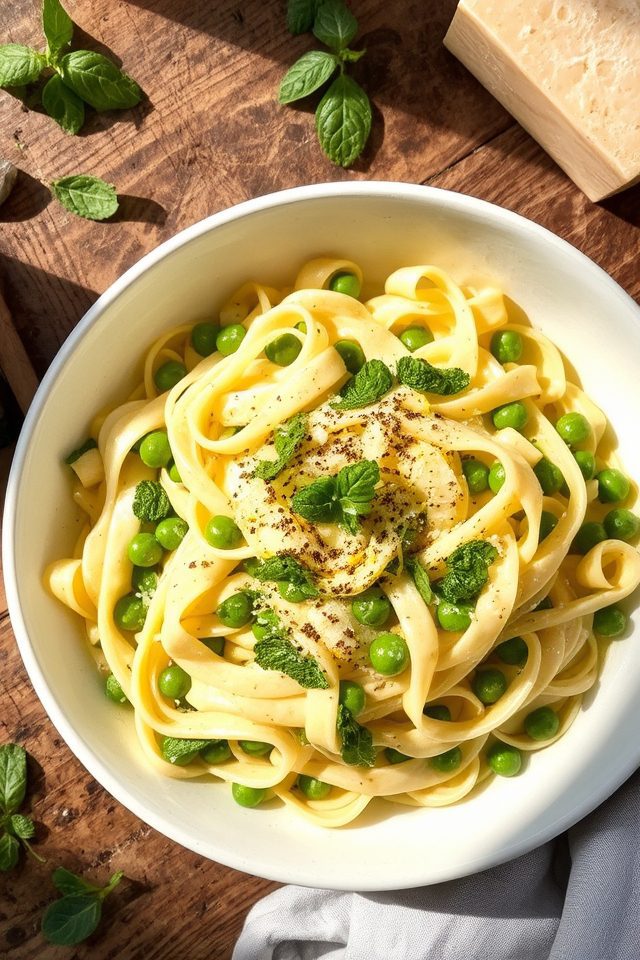 creamy pea mint tagliatelle