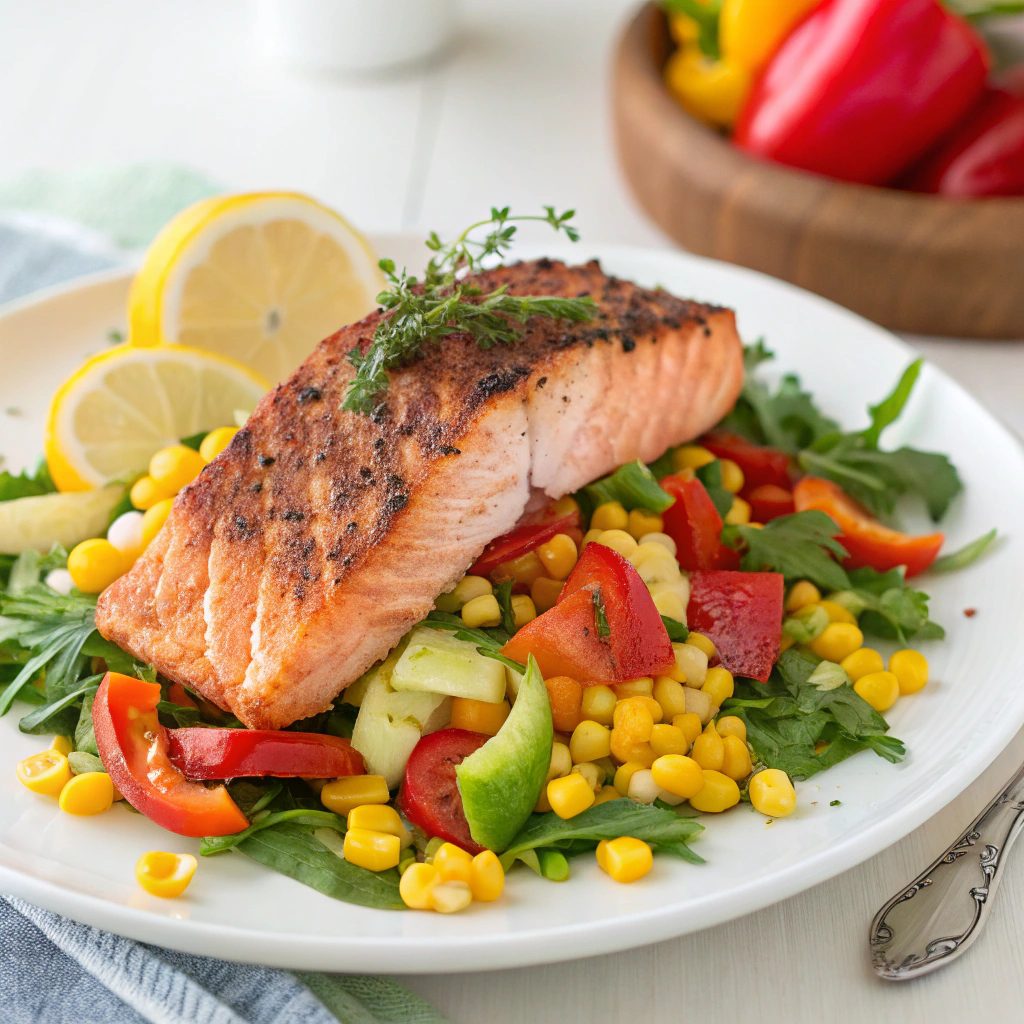 Cajun Salmon Salad With Corn and Bell Peppers Recipe