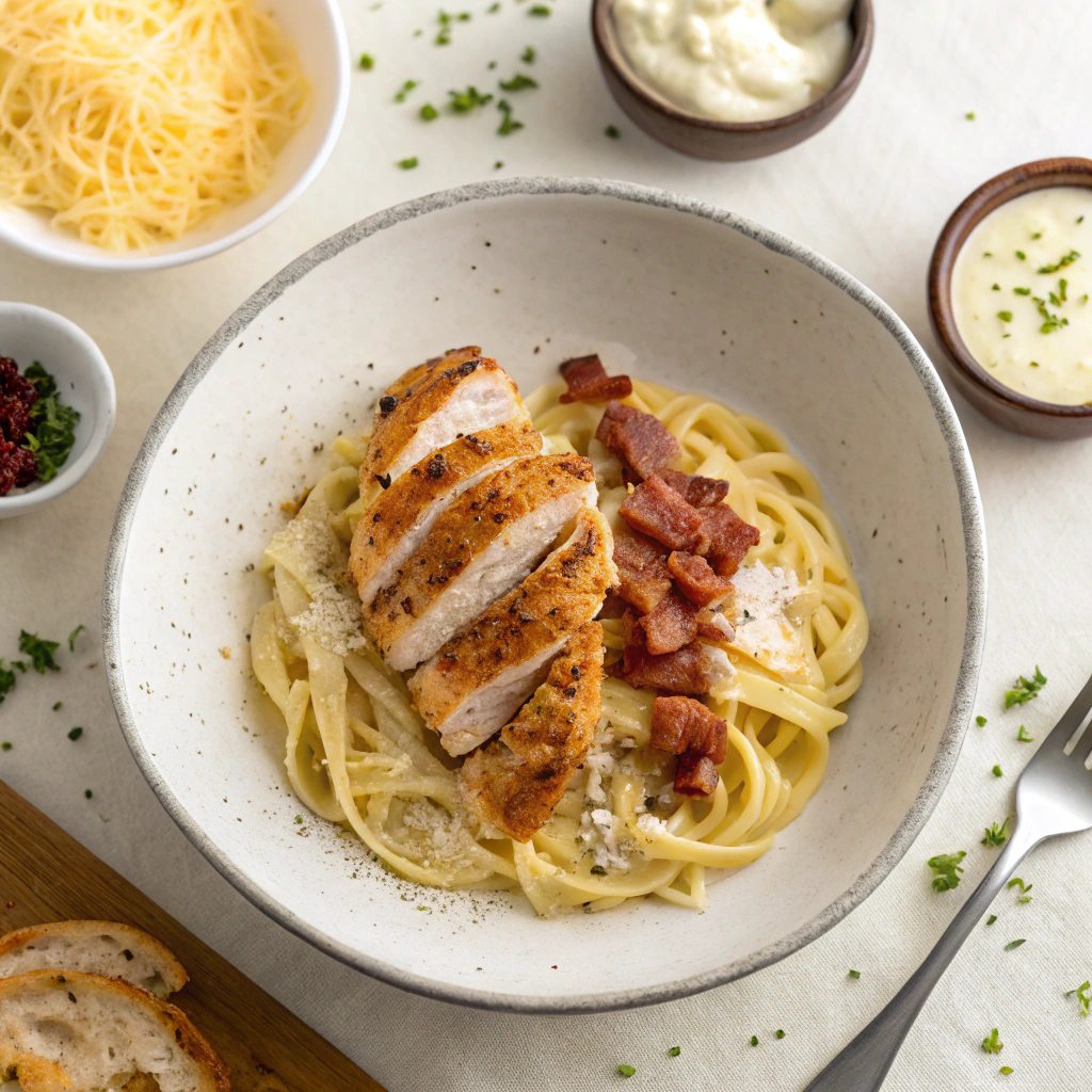 Ingredients for Chicken Bacon Ranch Pasta Bake