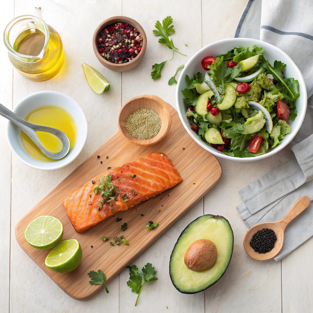 Ingredients For Grilled Salmon Salad With Avocado and Mango