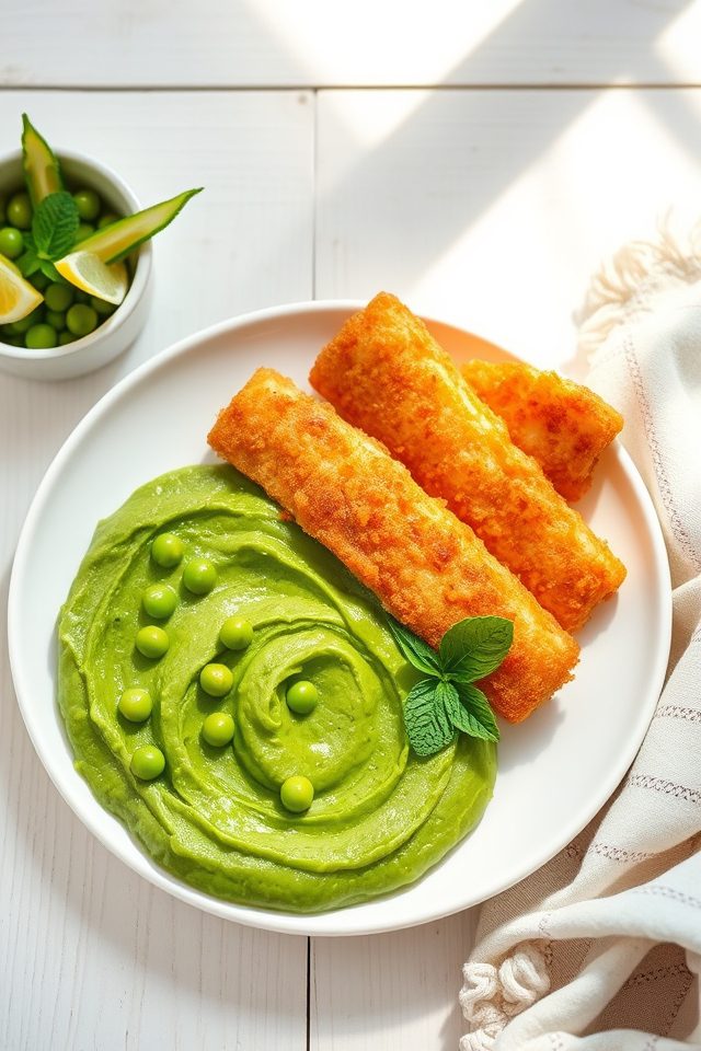 fish sticks pea mash