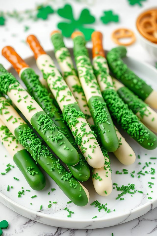 green sprinkle covered pretzels