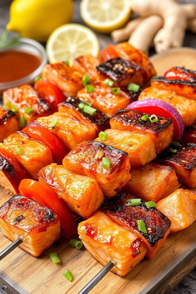 grilled teriyaki salmon skewers