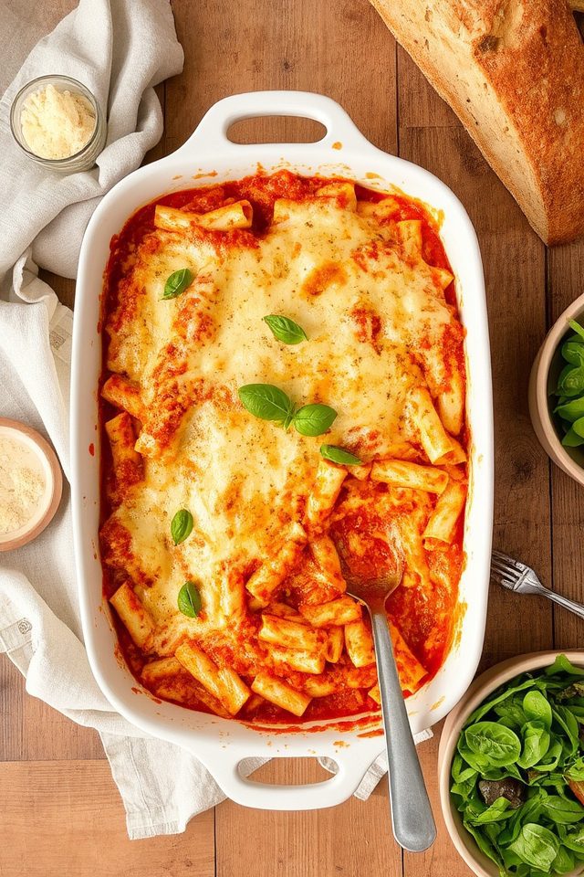 layered cheesy baked ziti