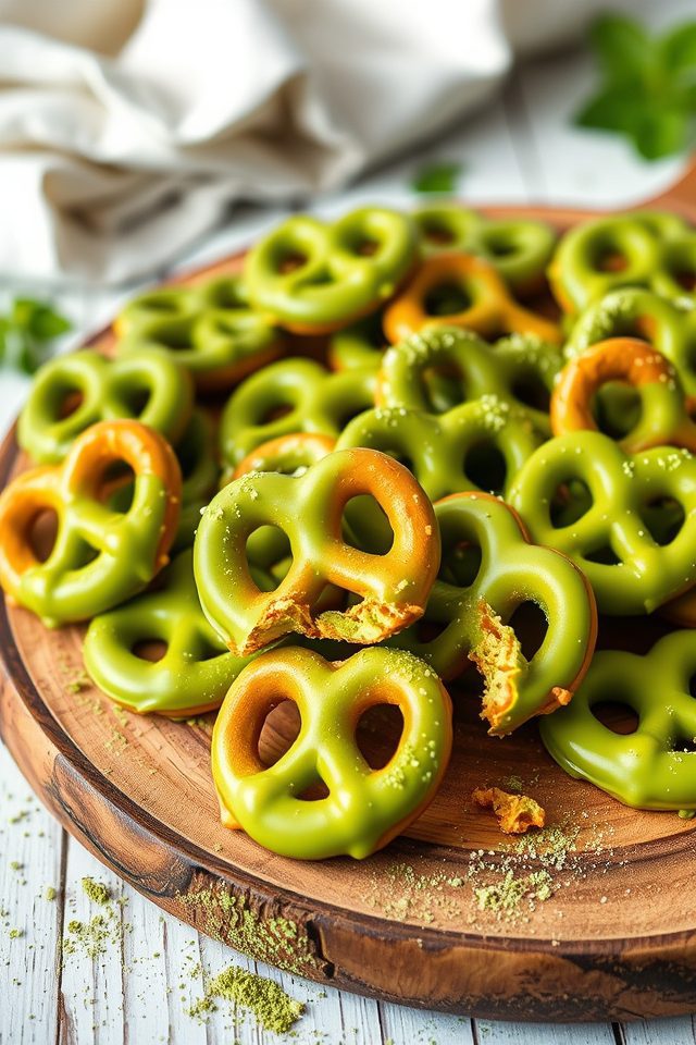 matcha coated chocolate pretzels