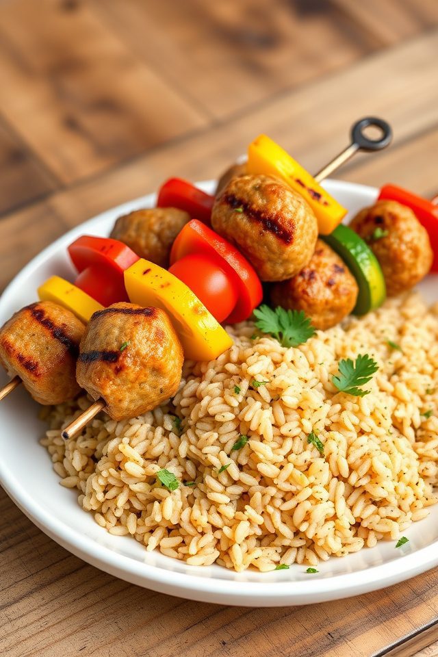 meatball vegetable rice skewers