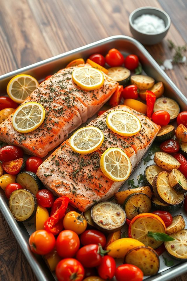 one pan salmon veggie bake