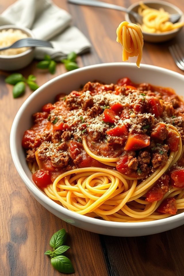 pasta topped with meat