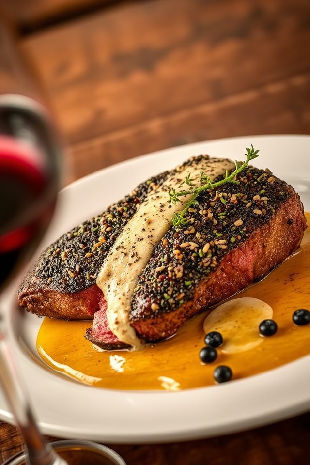 peppercorn crusted new steak