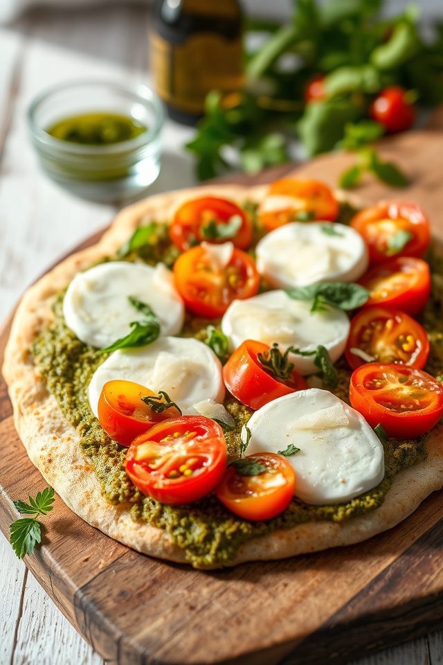 pesto topped herb flatbread