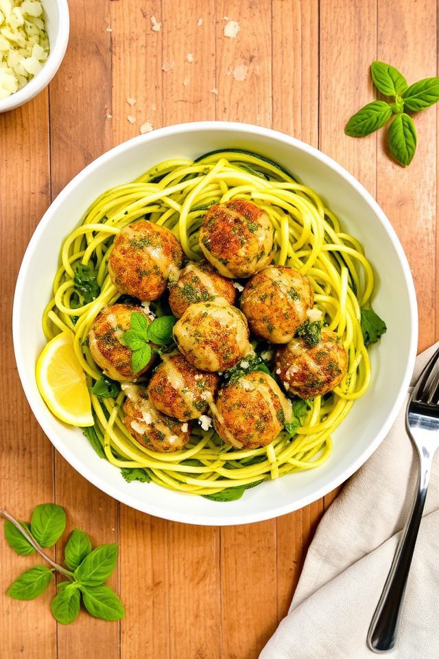 pesto turkey meatballs zoodles