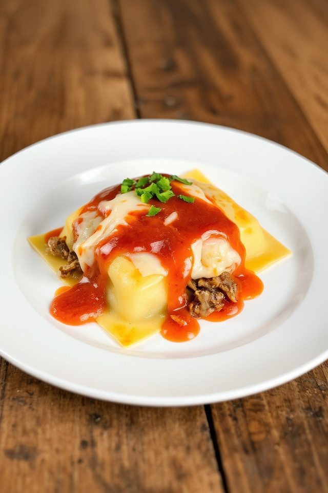pulled pork ravioli dish