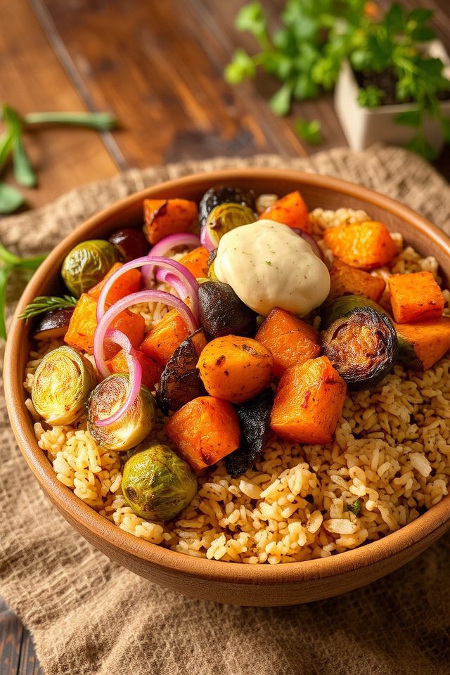 roasted vegetables over rice