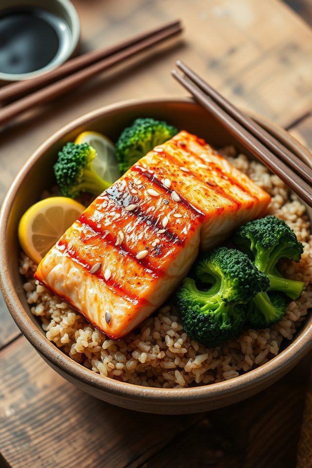 salmon broccoli rice bowl