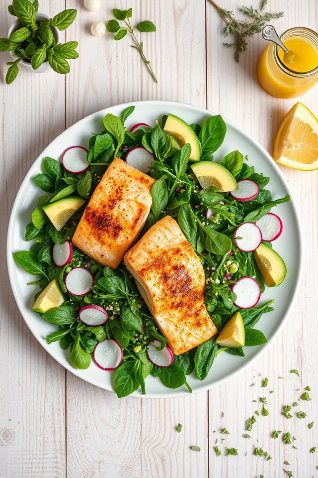 salmon lemon greens salad