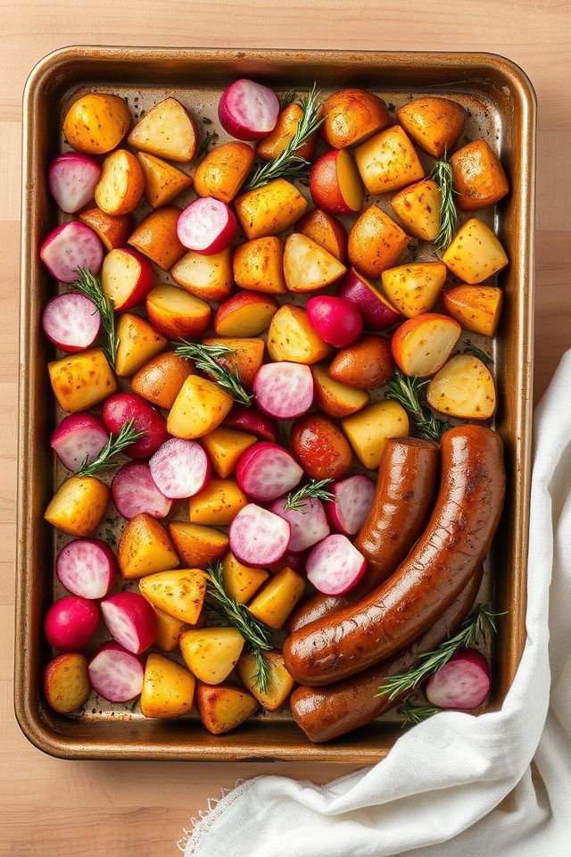 sausage potatoes radishes baked