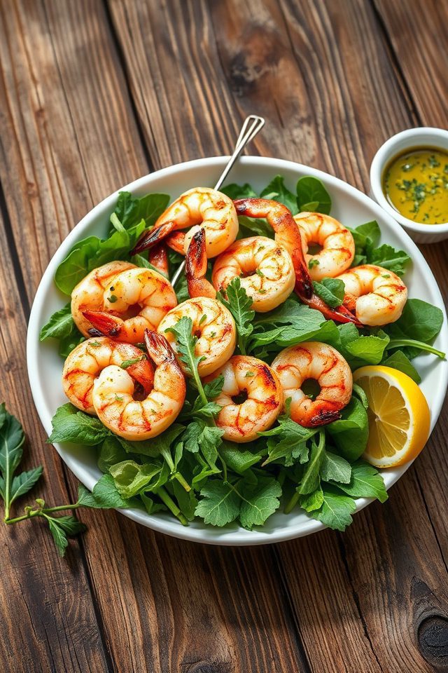 shrimp skewers mixed greens