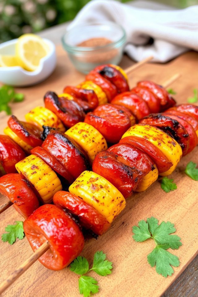 spicy sausage corn skewers