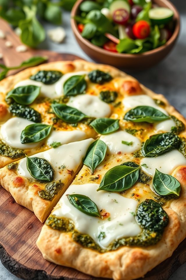 spinach pesto cheesy flatbread