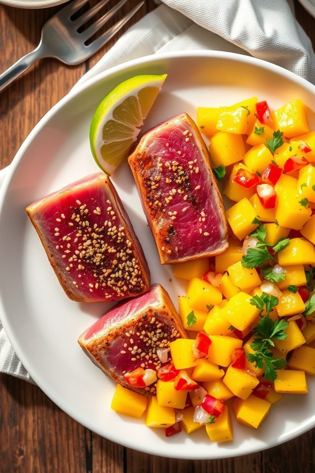tuna topped with mango
