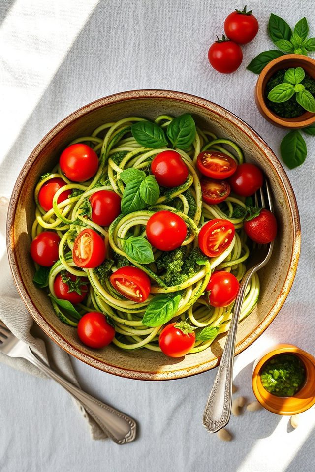 zucchini noodles pesto tomatoes