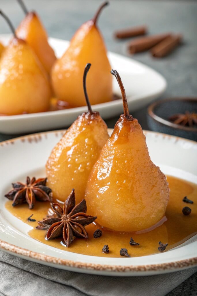 anisette infused poached pears