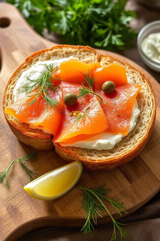 bagel topped with salmon