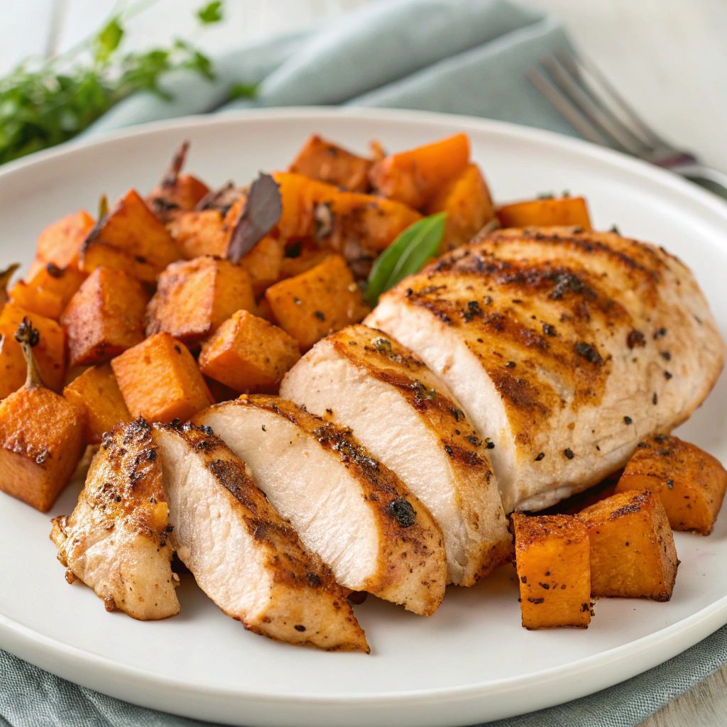Grilled Chicken Breasts With Roasted Sweet Potatoes!