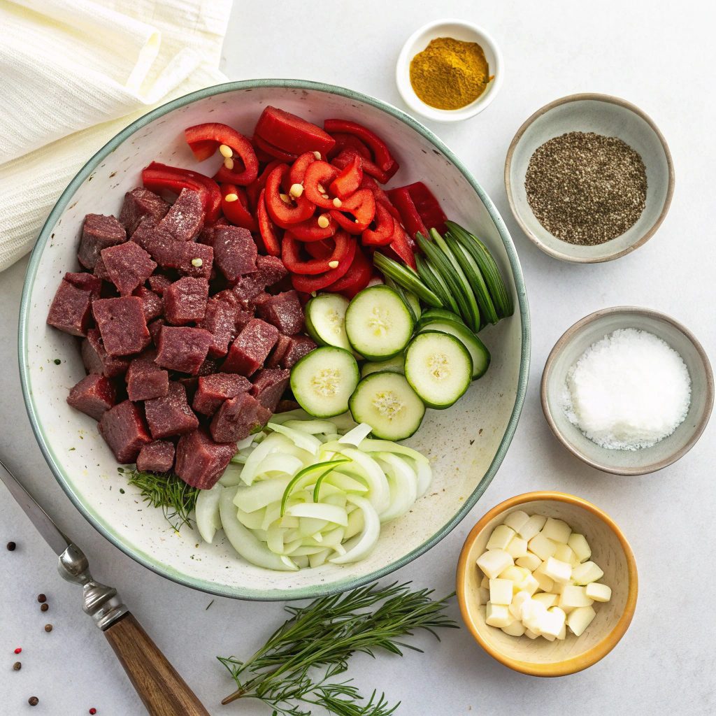 Ingredients For Brisket and Vegetable Kabobs With Tzatziki Sauce