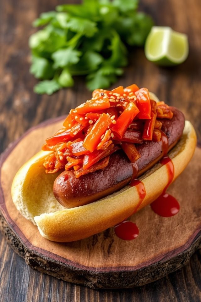 kimchi topped gourmet hotdog