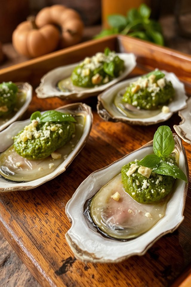 pesto topped baked oysters