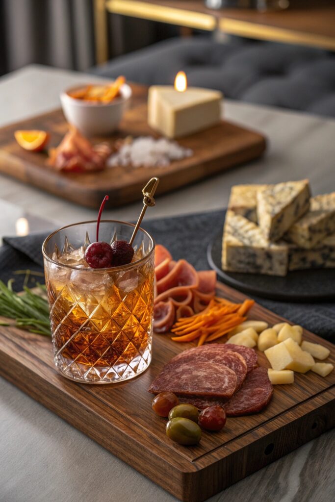 scotch cocktail with charcuterie